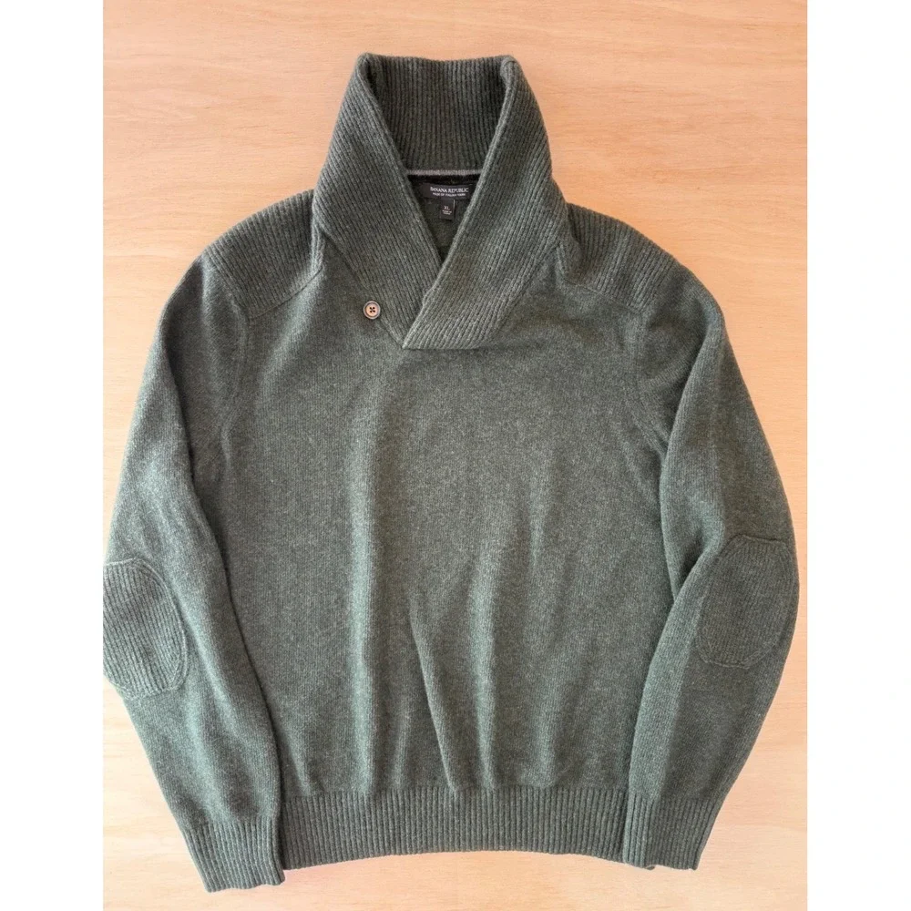 Banana Republic Mens XL Forest Green Shawl Collar Italian Yarn Elbow Sweater